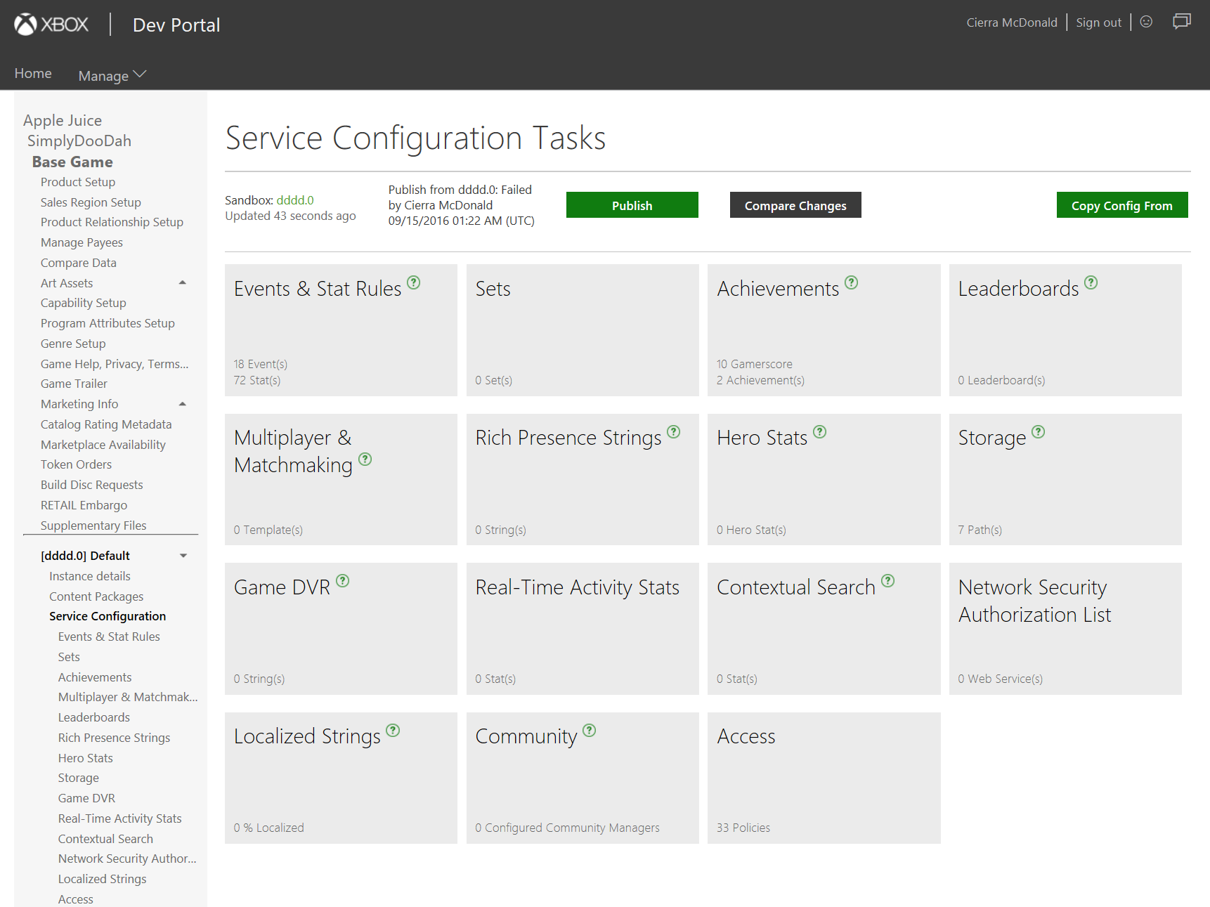 Screenshot of the Service Configuration Tasks page on XDP showing the Publish button