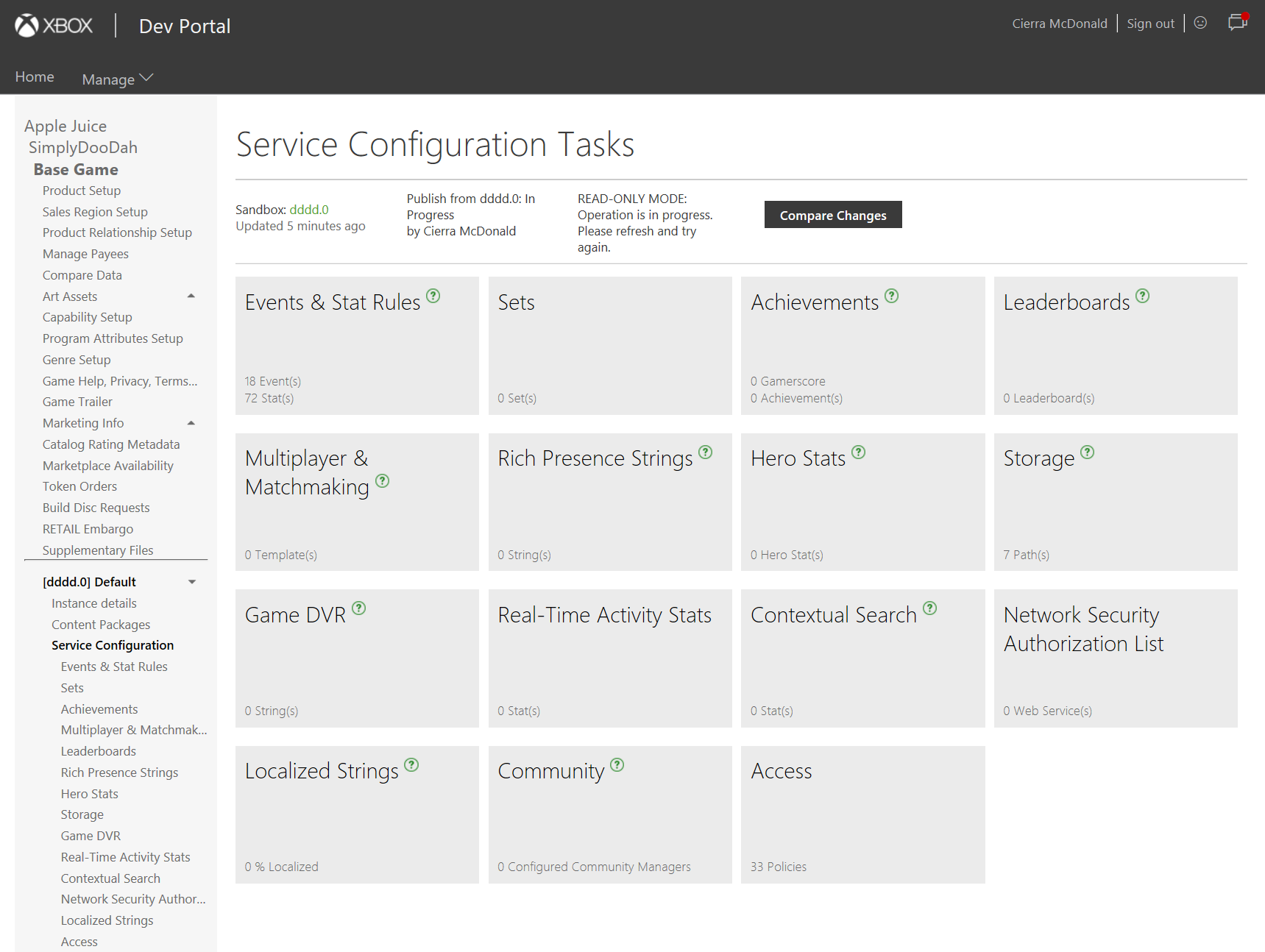 Screenshot of the service configuration tasks page in XDP