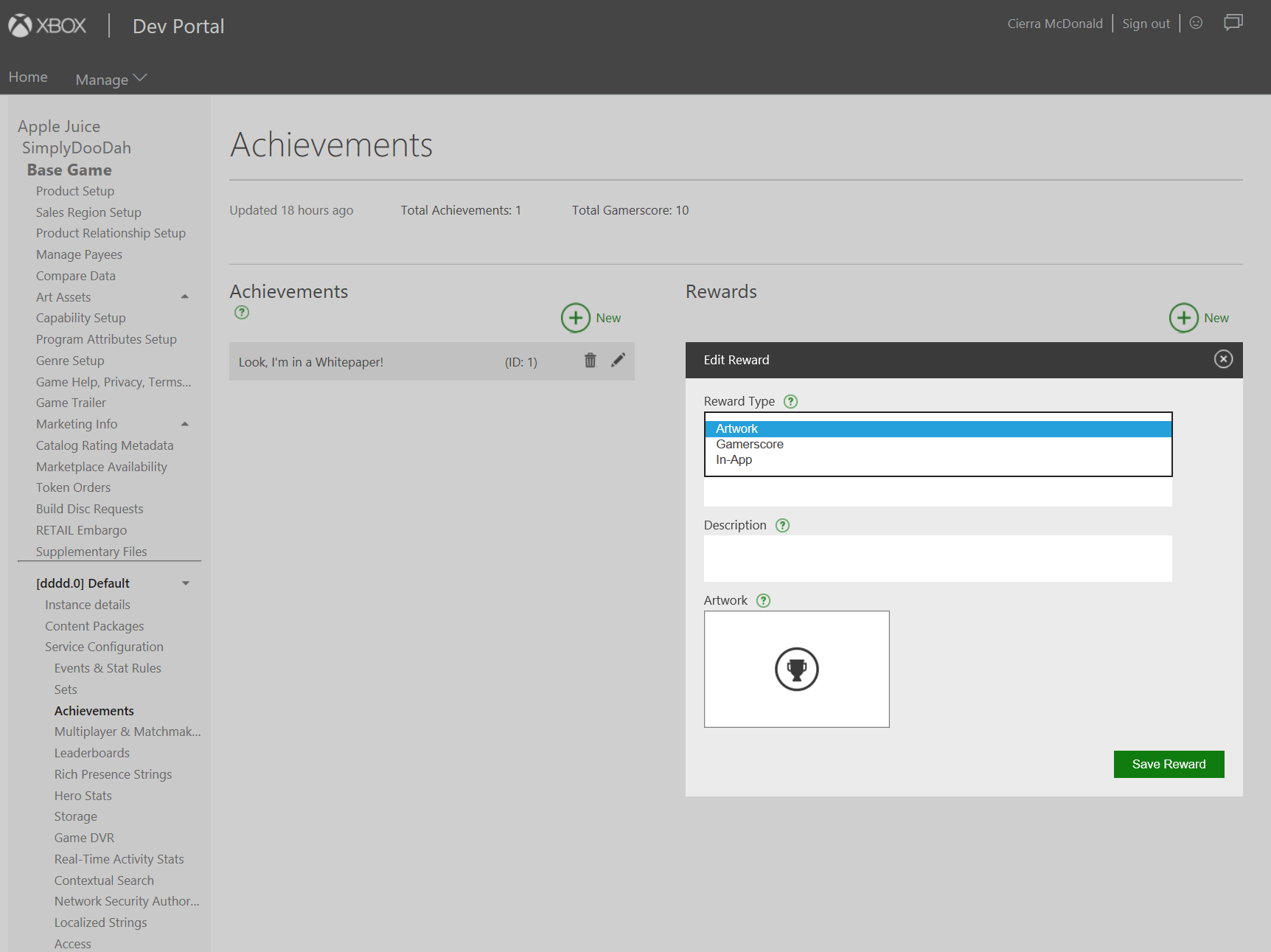 Screenshot of the Edit Reward dialog in XDP