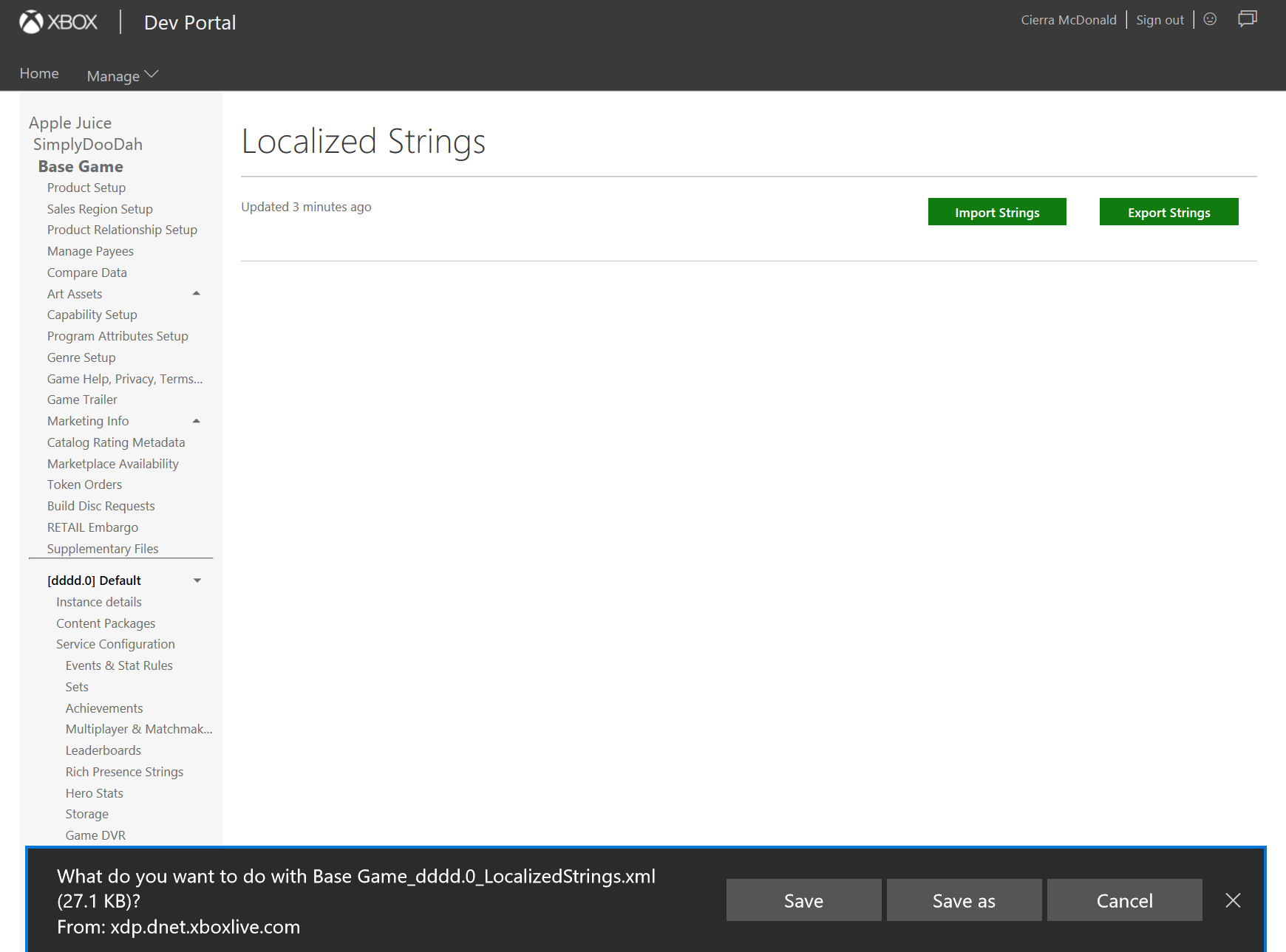 Screenshot of the Localized Strings page in XDP
