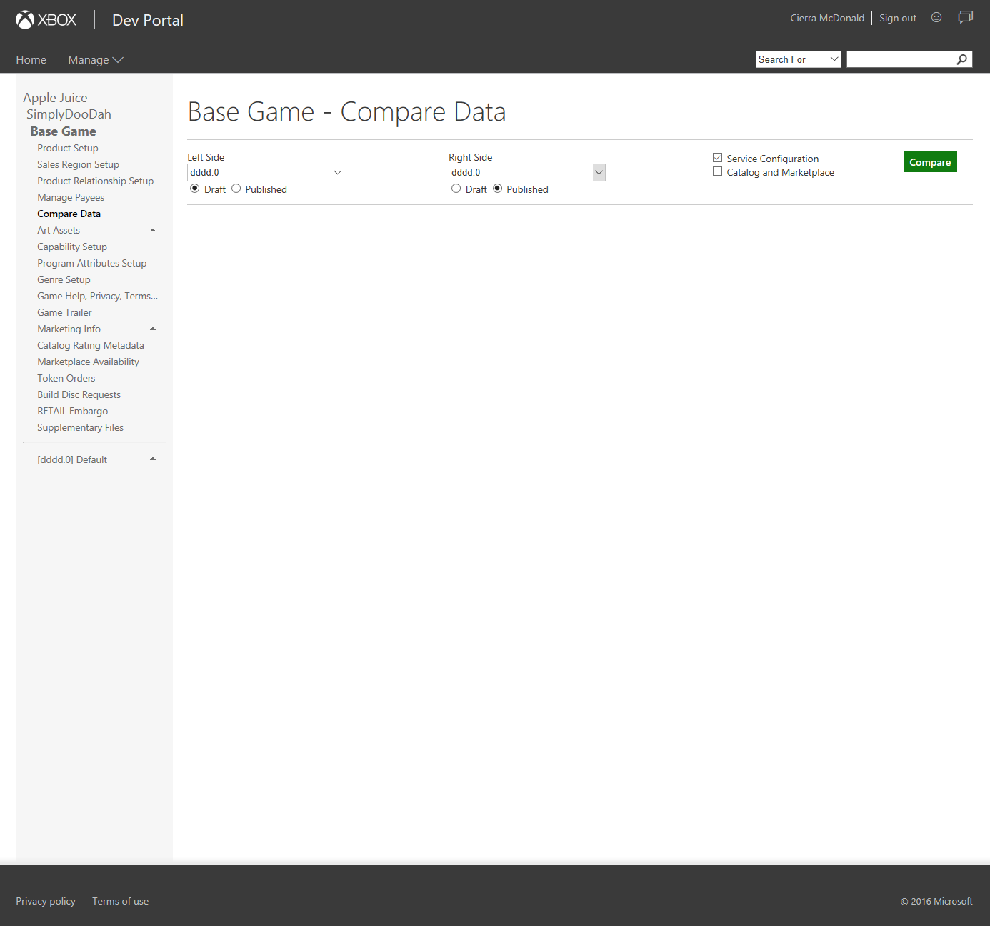 Screenshot of Compare Data page on XDP